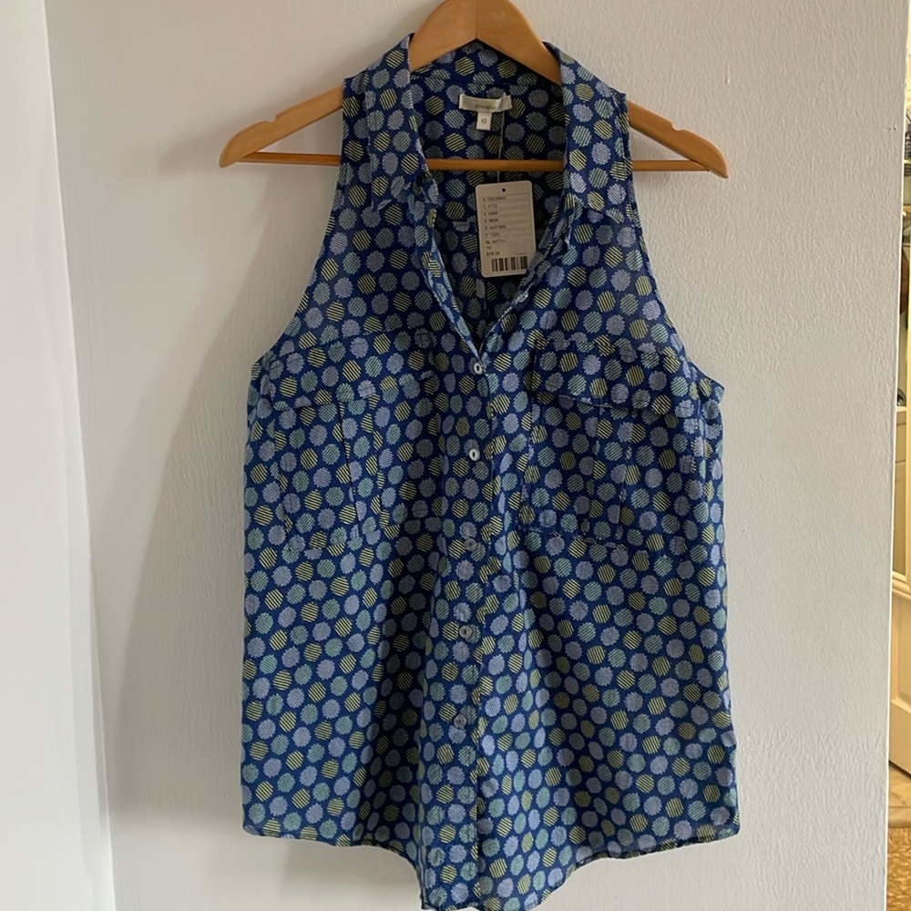 Anthropologie Porridge Sleeveless Button Down Blue Polka Dot Shirt Size 10